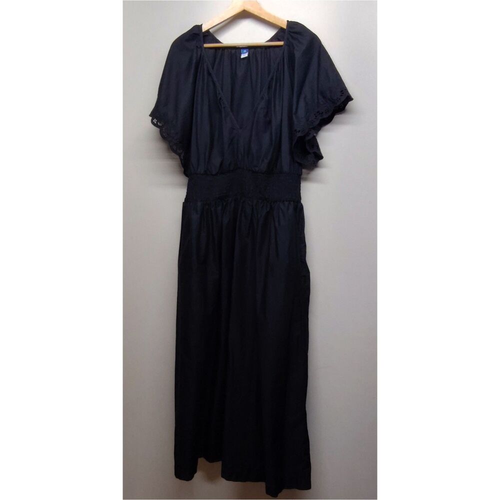 Old Navy Maxi Dress Women XLT Black Short Sleeve Pockets V-Neck Casual Feminine